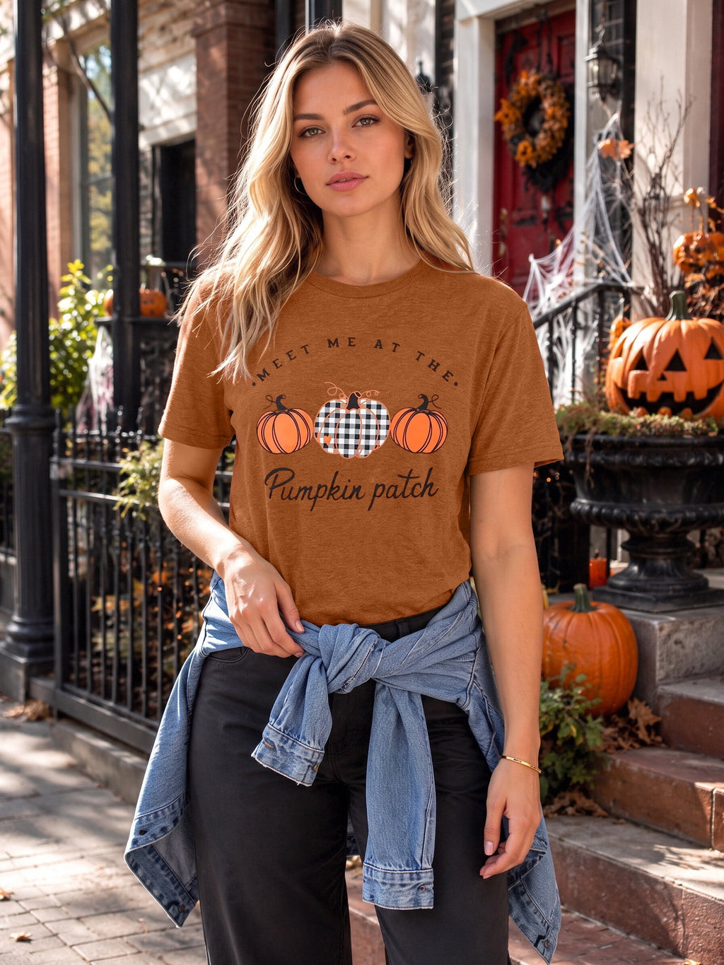 KimSoong Women Halloween Shirt Plaid Pumpkins Graphic Crew Neck Short Sleeve T-Shirts Tops