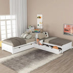 White Twin Size L-Shaped Platform Bed With Trundle And 2 Drawers
