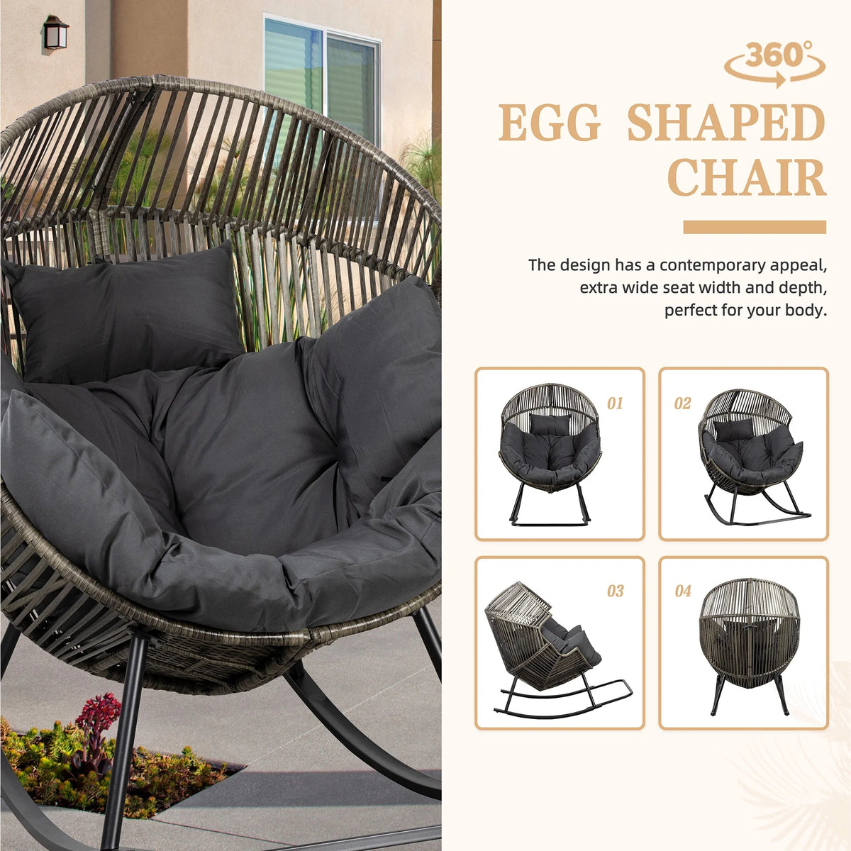 Walsunny Outdoor Patio Wicker Oversized Egg Chair With Cushion