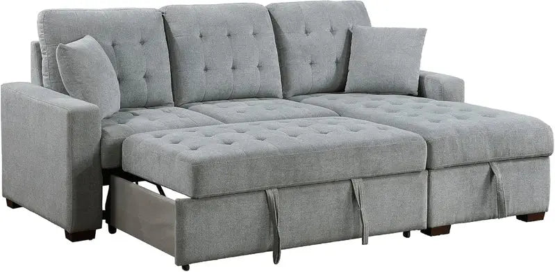 L-Shaped Sleeper Sectional Sofa With Right-Side Storage Chaise And Pull-Out Bed - Gray Fabric