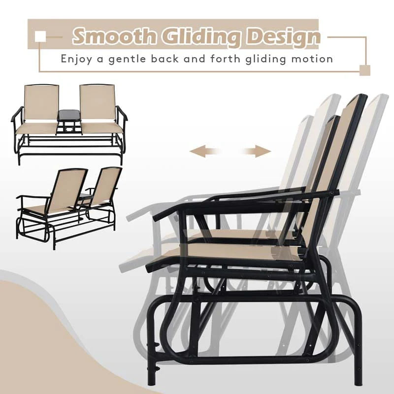 2-Person Outdoor Bench Glider Chair With Center Table, Mesh Fabric, 57 x 28 x 38 in