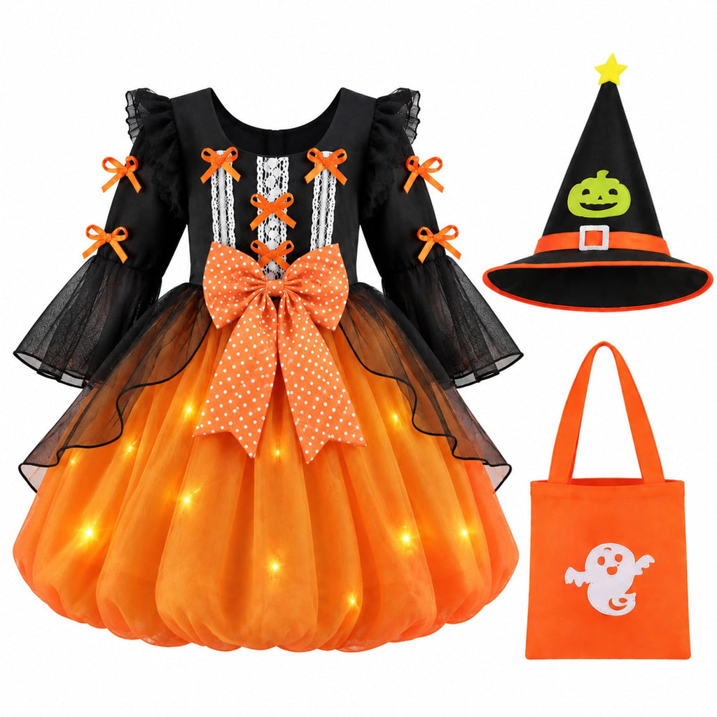 MEZZALL Child Outfit Sets Girls Witch 4 Light Up Star Witch Dress With Hat Wand Kids Halloween Party Outfit For Party Clothes Sets