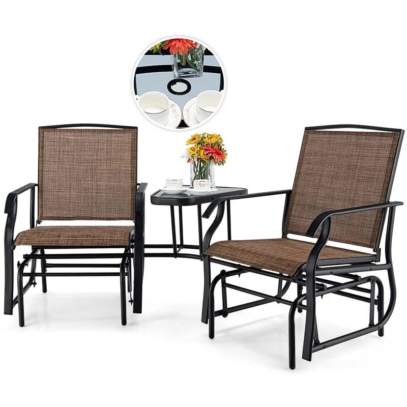 2-Person Double Swing Glider Chair With Glass Table, Steel And Fabric - 77in x 34in x 36in