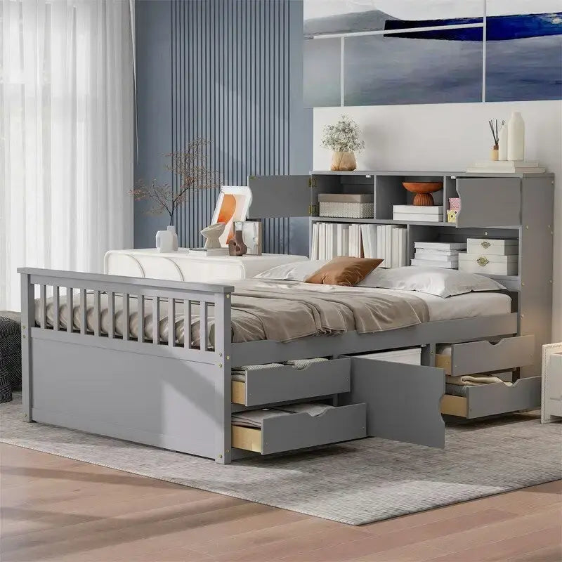 Twin/Full Captain Platform Bed With 4 Drawers And Storage Bookcase Headboard