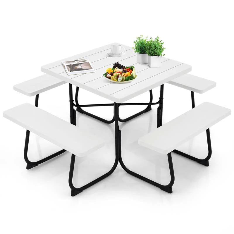 8-Person Outdoor HDPE Square Picnic Table And Bench Set, 67in x 67in x 30in, Metal Frame