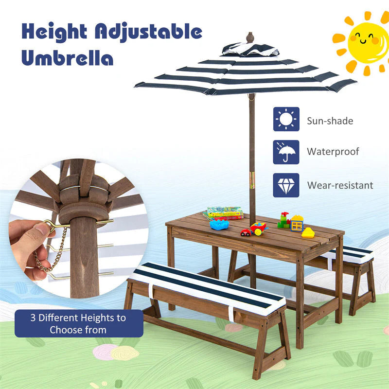 Wooden Kids Picnic Table Bench Set With Cushions And Height-Adjustable Umbrella - 35 in