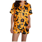MEZZALL Women Halloween Printed Pajama With Lapel Collar Short Sleeve Tops And Shorts For Home Wear Cozy For Lightweight And Breathable Comfort Relaxed Fit 2 Piece Pjs