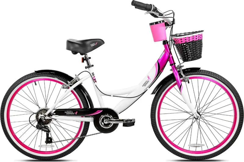 Kent Bicycles Girls' 24 in 7-Speed Cruiser Bike, Pink/White/Black, Steel Frame - 62481