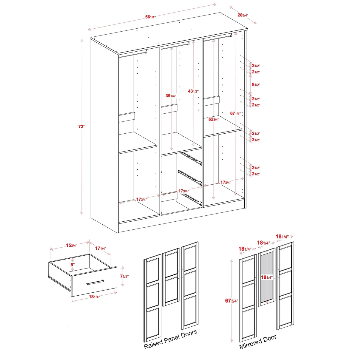 Palace Imports Solid Wood 3-Door Wardrobe Armoire, 56 inch - Cosmo
