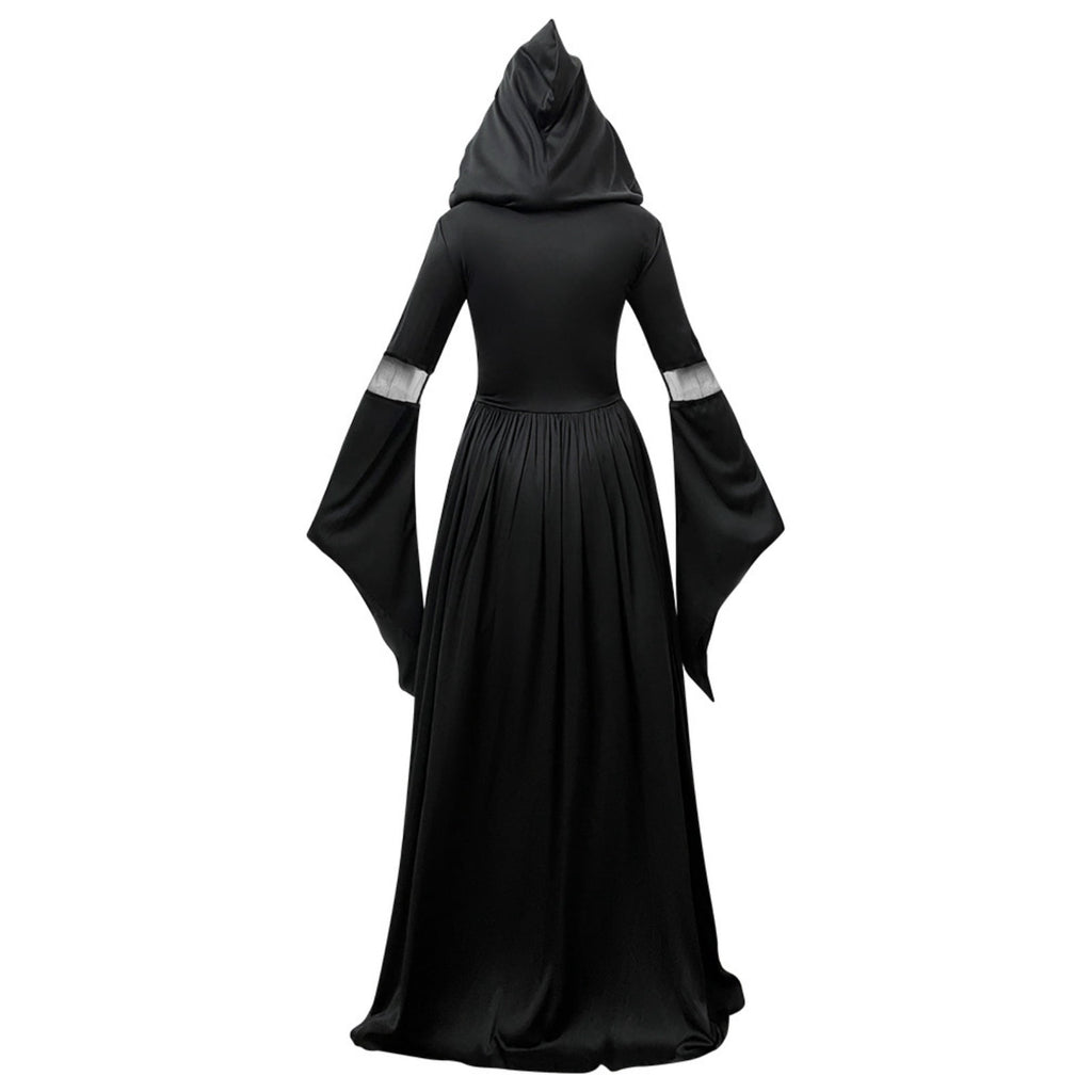 Dark Mage Hooded Robe for Women Halloween Witch Costume with Flared Sleeves & Fitted Bodice