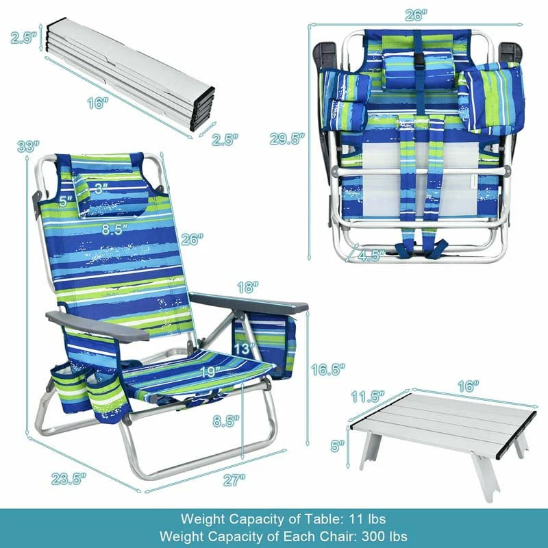 2-Pack 5-Position Outdoor Folding Backpack Beach Chairs With Side Table Set