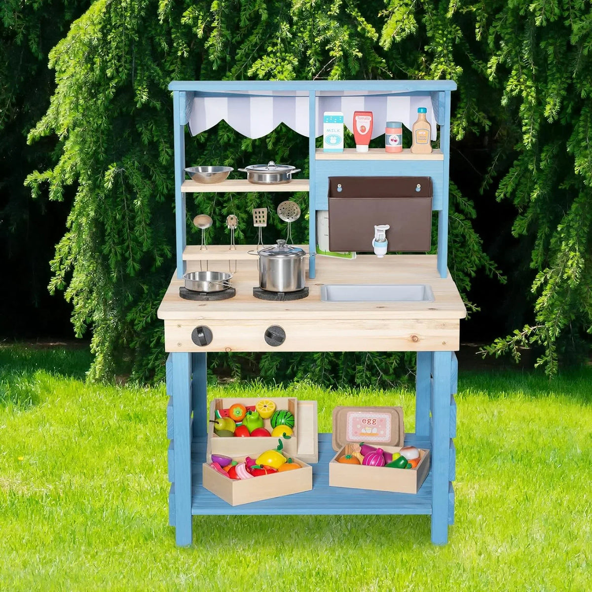 Brinjoy Kids Mud Kitchen Playset, Double-Sided Wooden, Blue, 22.5 x 21.5 x 33.5 in