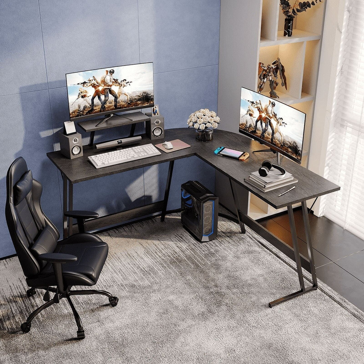 L-Shaped Gaming Computer Corner Desk With Monitor Stand - 220 lbs Capacity