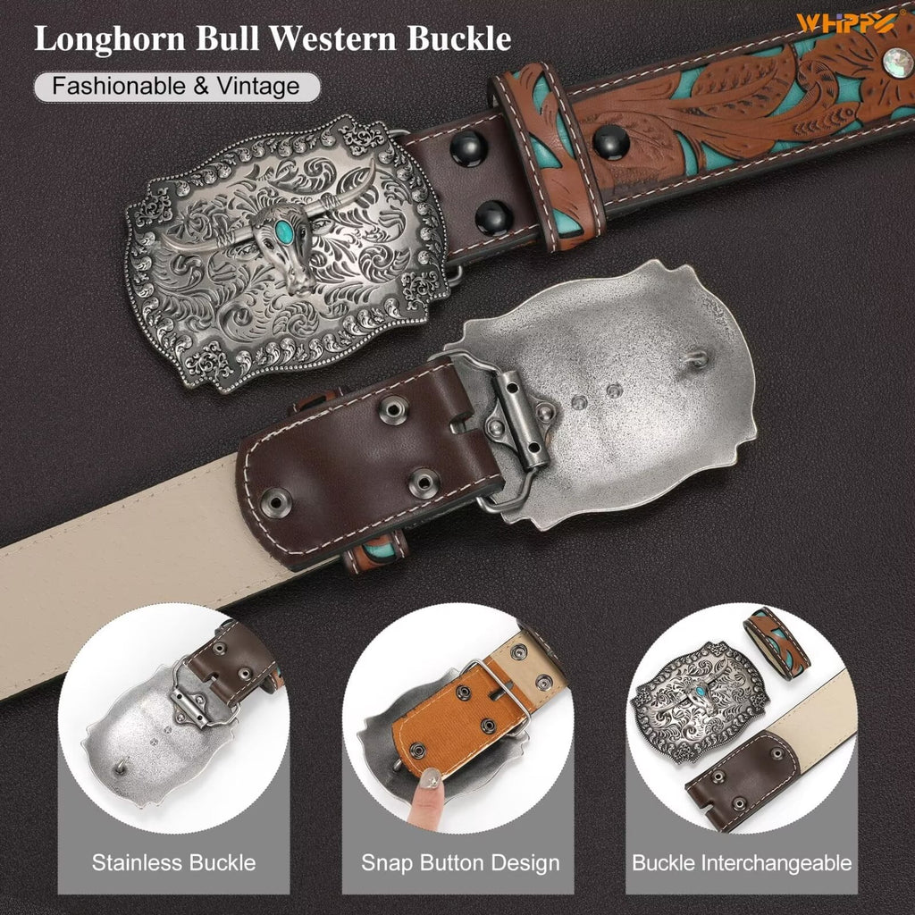 WHIPPY Western Genuine Leather Belt for Women Men Ladies Vintage Engraved Belt Cowboy Cowgirl Belt