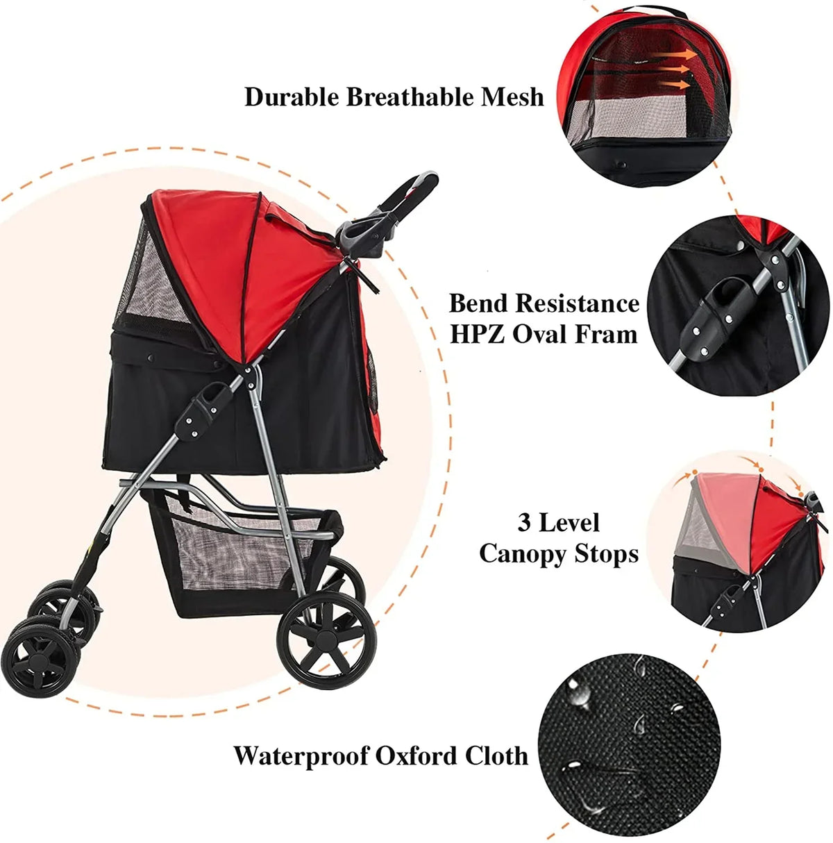 Afuhokles Pet Stroller For Small And Medium Dogs And Cats, 4 Wheels, 35lbs - Folding Storage Basket