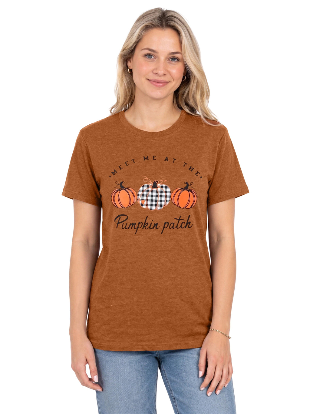 KimSoong Women Halloween Shirt Plaid Pumpkins Graphic Crew Neck Short Sleeve T-Shirts Tops
