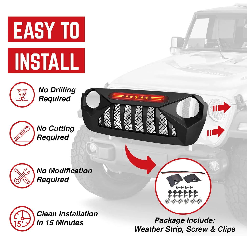 AMERICAN MODIFIED Demon Grille With Red Lights For 18-21 Wrangler/Gladiator