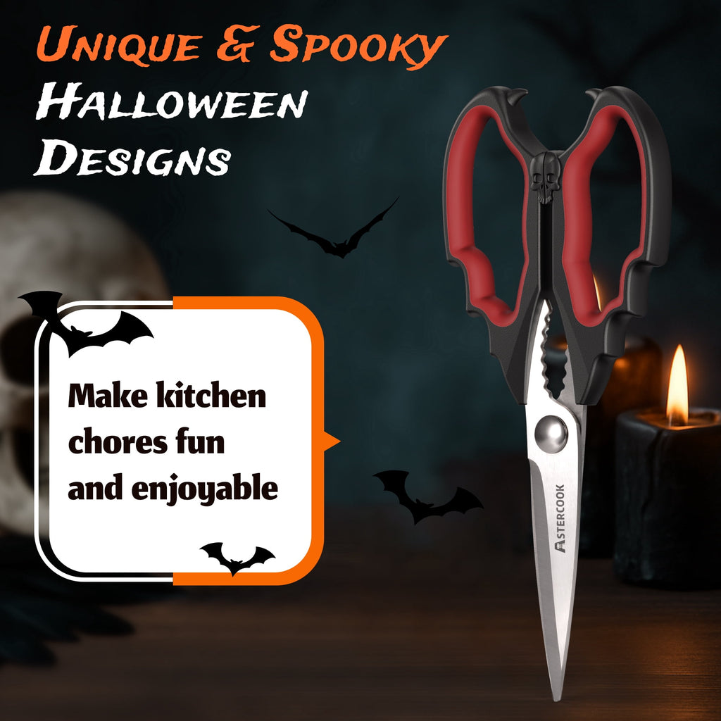 Astercook Halloween Kitchen Scissors, Gothic Skull Heavy Duty Shears for Cooking, Poultry, Herbs – Spooky Pumpkin Design, Dishwasher Safe