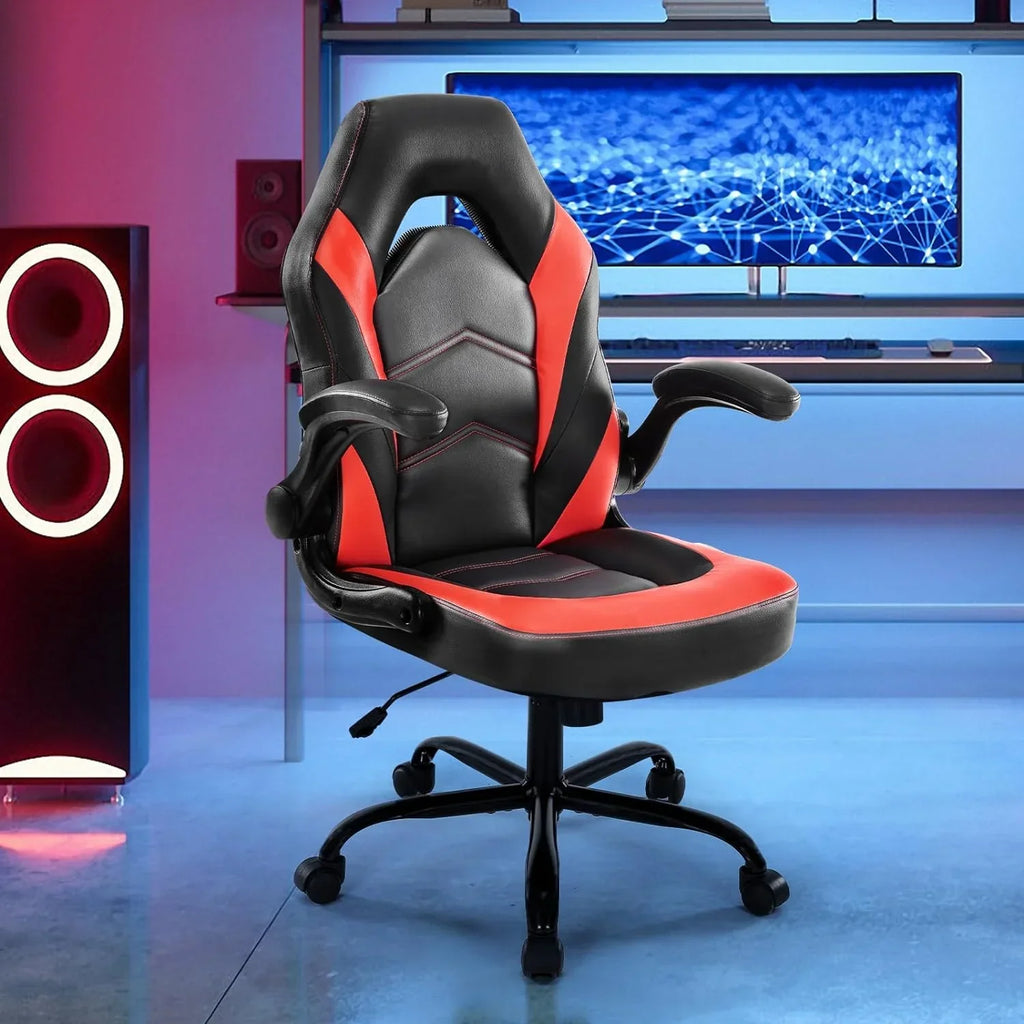 Ergonomic Computer Gaming Chair With PU Leather, Lumbar Support, And Flip-Up Armrests