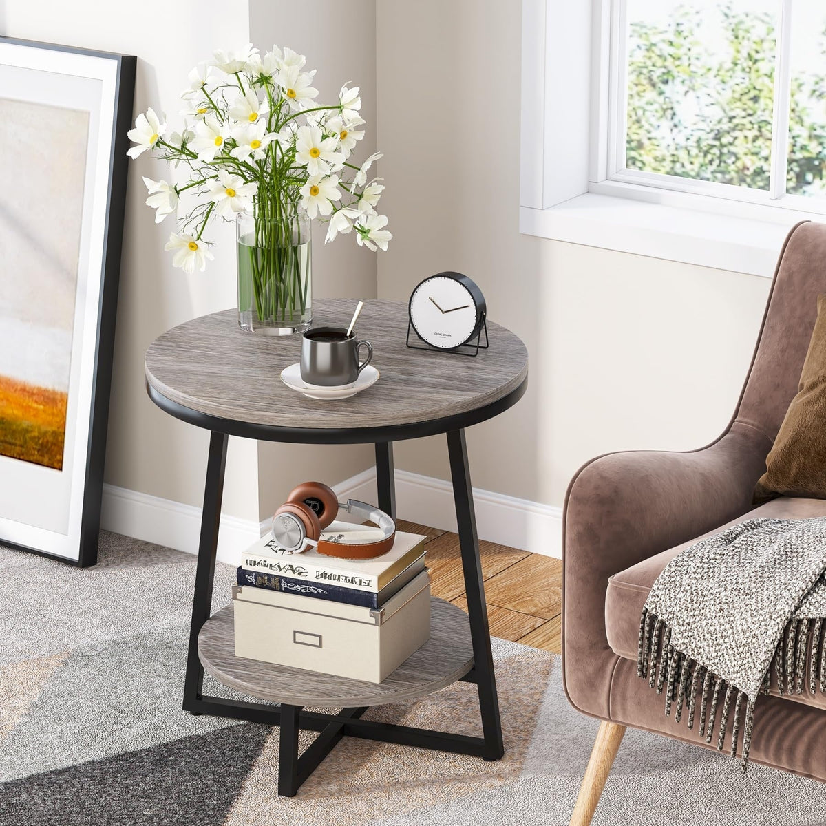 Industrial Round End Table With 2-Tier Storage
