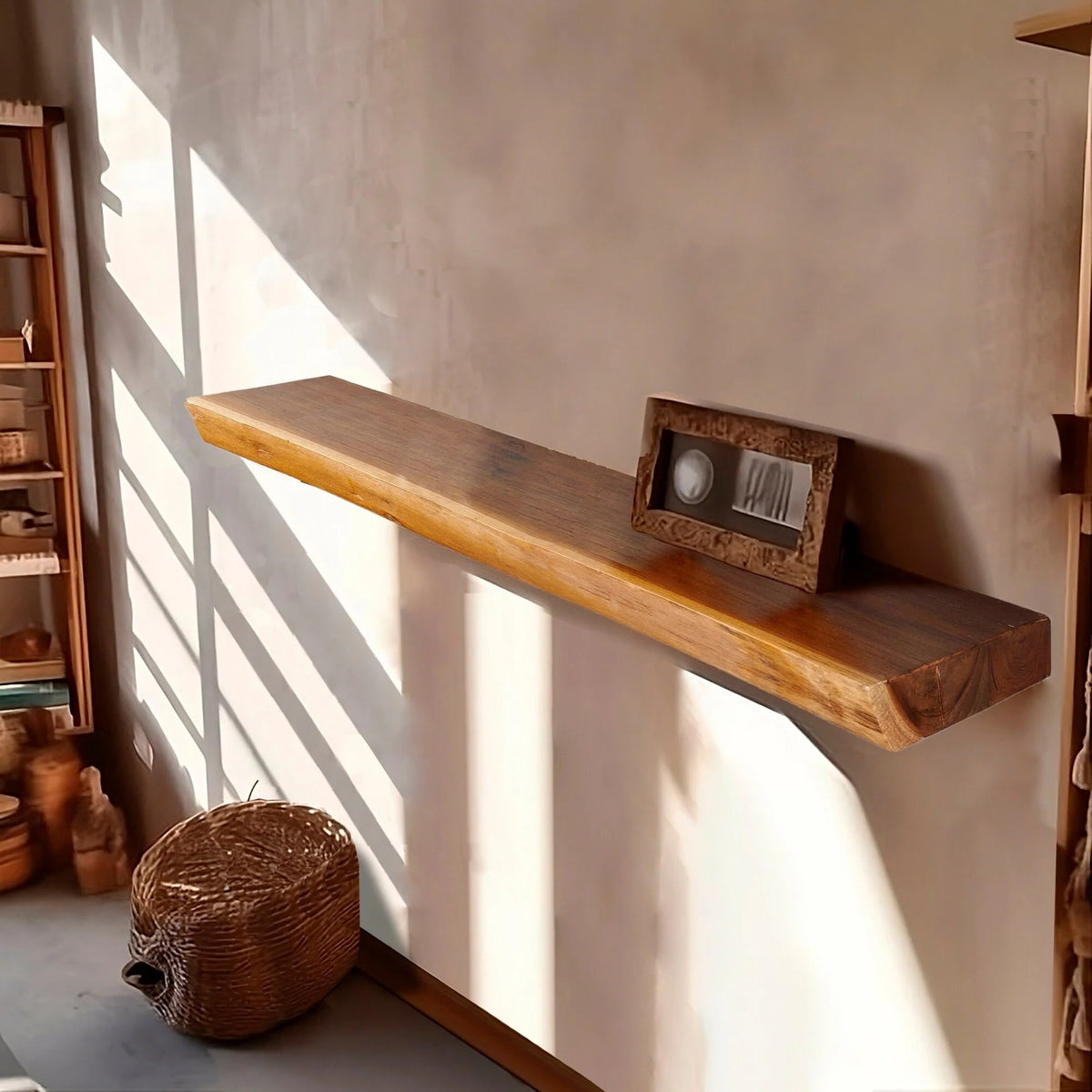 1 Piece Teak Wood Live Edge Rustic Floating Wall Shelf - 24, 36, 42