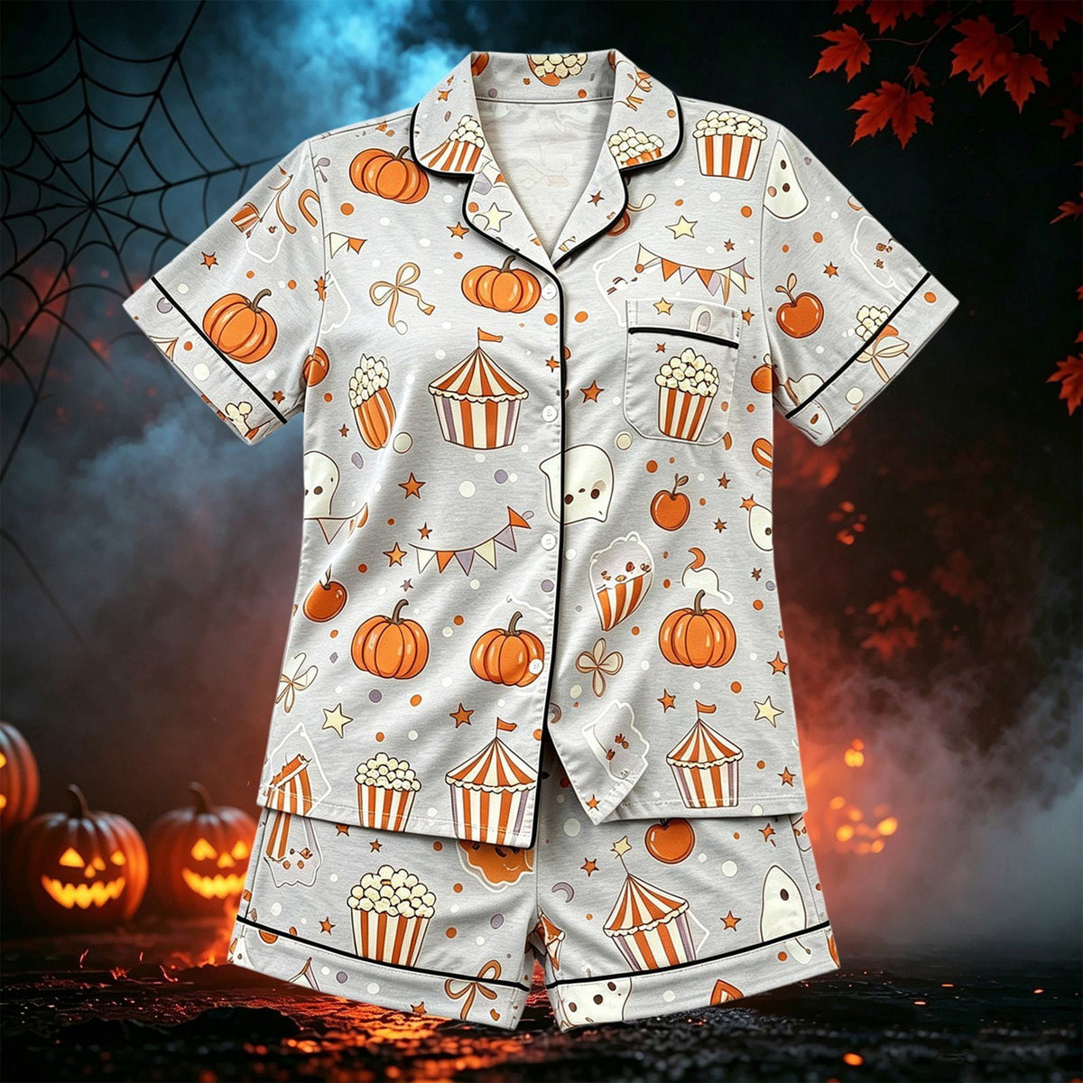 CUZIBR Girls Halloween Pajamas Sets Soft Comfortable Ghost Pumpkin Lapel Button Short Sleeve Shirt Elastic Waist Shorts 2 Pieces Sleep Loungewear Relaxed Sleepwear Outfits, Orange-C