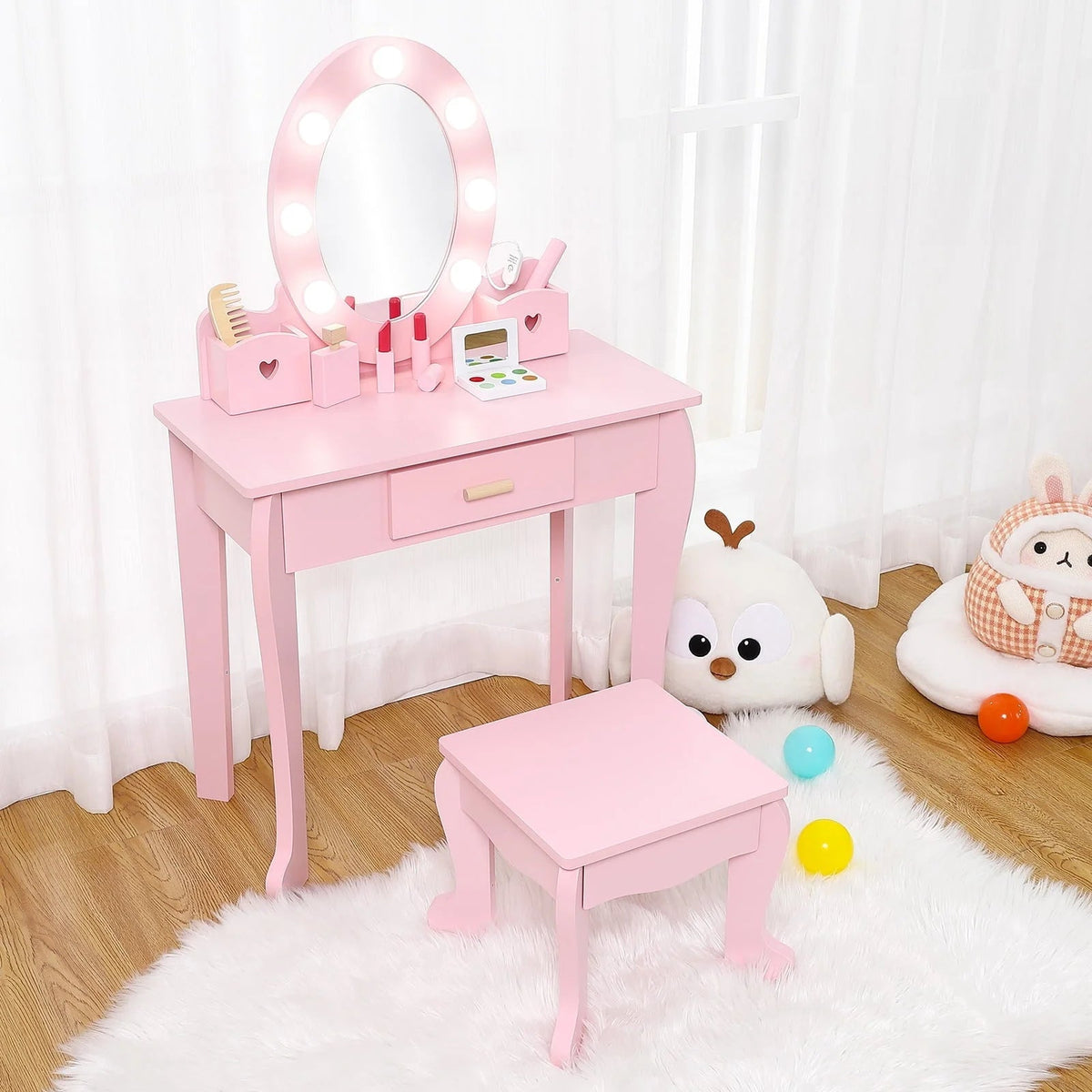 Kids Wood Vanity Table And Chair Set With Lights, Mirror, Drawer And Stool