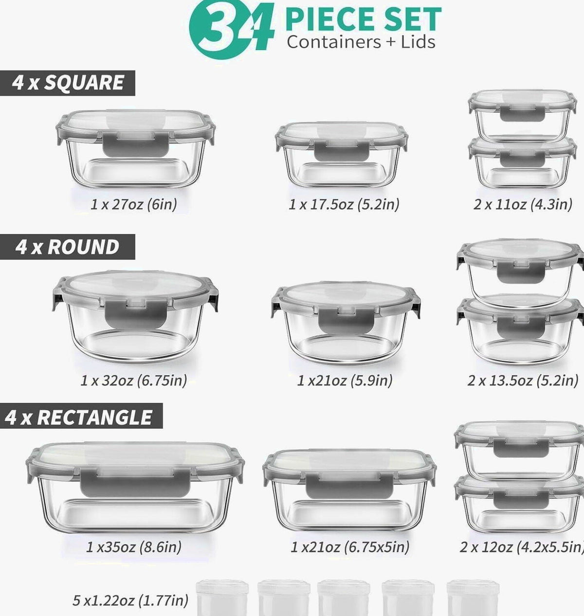 Glass Food Storage Containers With Lids Set, 34 Pieces, Grey