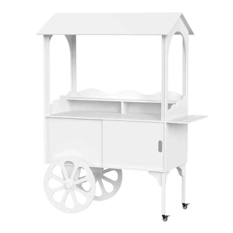Wooden Candy Cart With Wheels, Pine Wood And MDF, Sliding-Door Cabinet