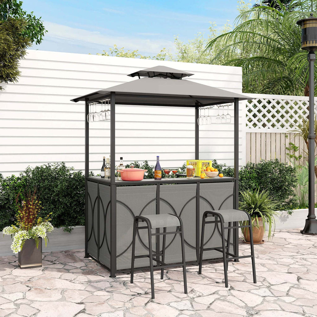Costway 3-Piece Grill Gazebo Bar Set With 2 Bar Stools And Tempered Glass Top - Grey