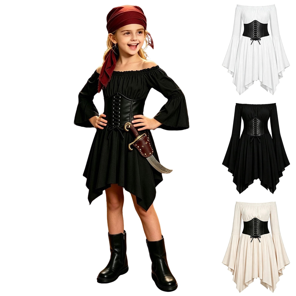 Kids Off the Shoulder Pirate Dresses with Sash Two Piece Set Pirate Costume Halloween Cosplay Halloween Costume Kids Size 4-14 Years