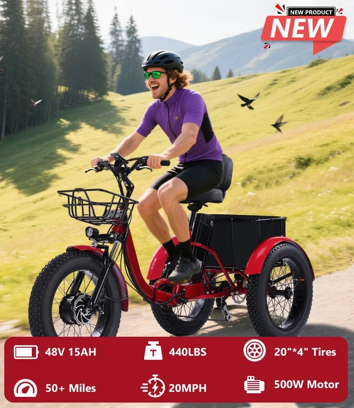 YEBEI Folding Electric Tricycle for Adults, 500W Motor, 48V15AH Lithium Battery, 20 x 4.0 in Fat Tires