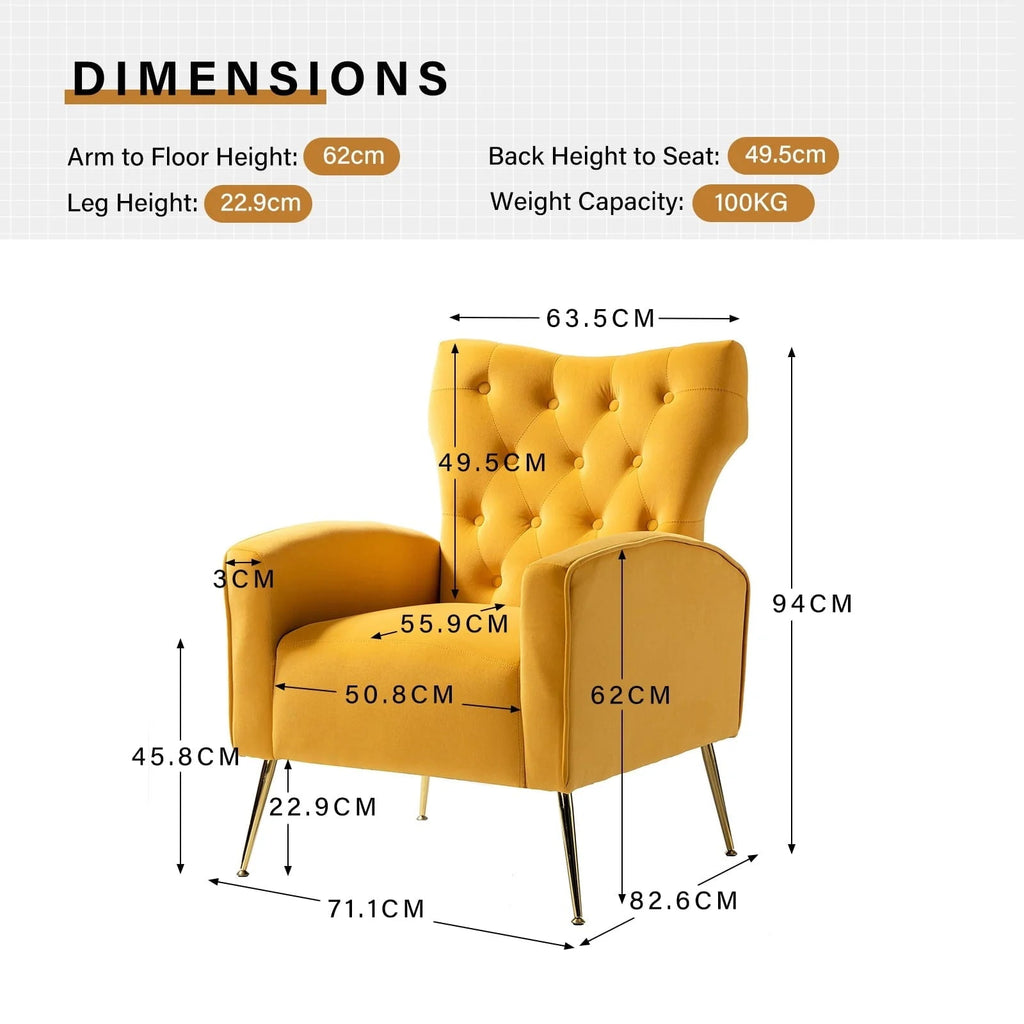 14 Karat Home Velvet Accent Chair With Button-Tufted Back And Metal Legs - Mustard