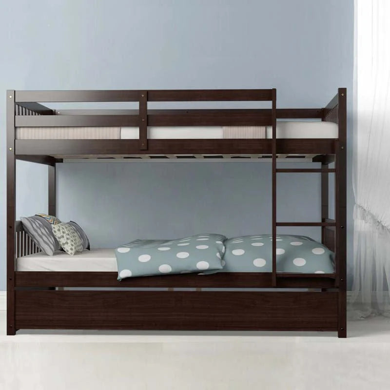 Full Over Full Convertible Bunk Bed Frame With Trundle, Ladder And Guardrails