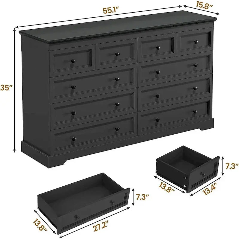 10-Drawer Wooden Dresser - Tall Chest Of Drawers