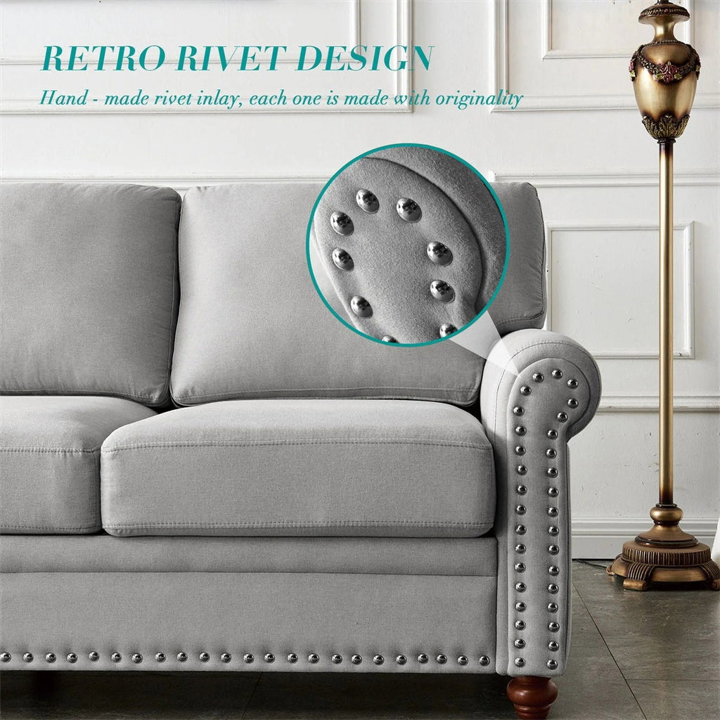 3 Seater Linen Fabric Tufted Accent Sofa, 82.6 in, Grey - Curved High Back