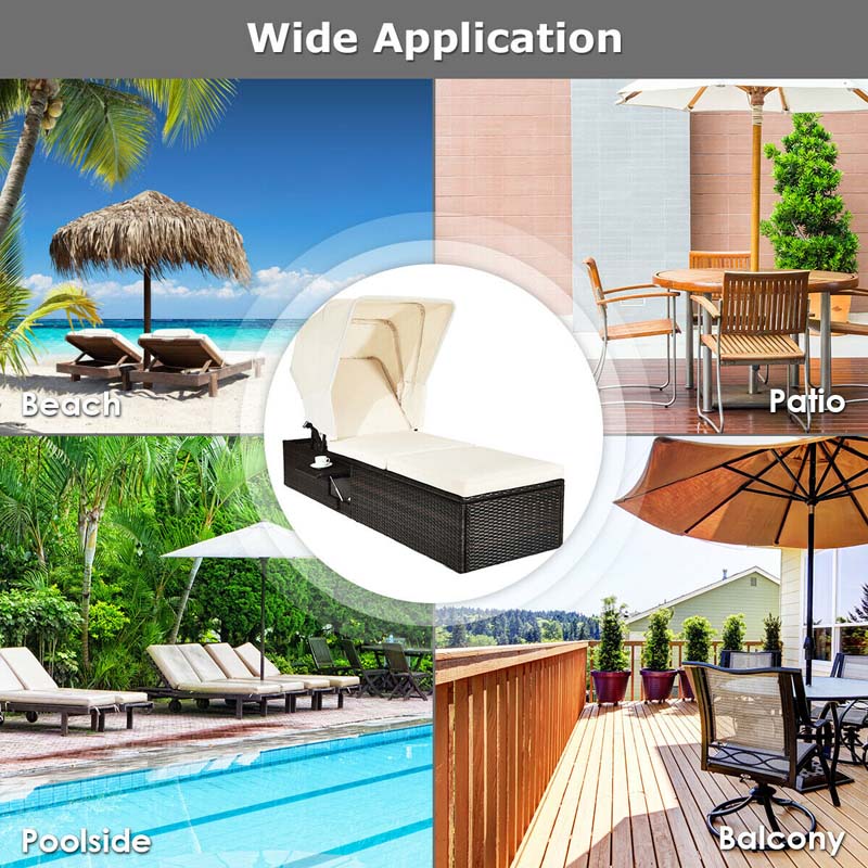 Cushioned Rattan Outdoor Chaise Lounge Chair With Folding Canopy, Flip-Up Tea Table And 5 Positions