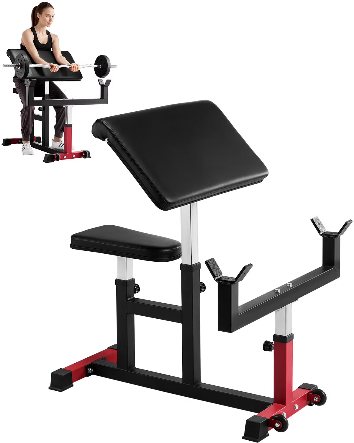 VEVOR Adjustable Preacher Curl Bench, 440 Lbs, Black+Red - AX1010