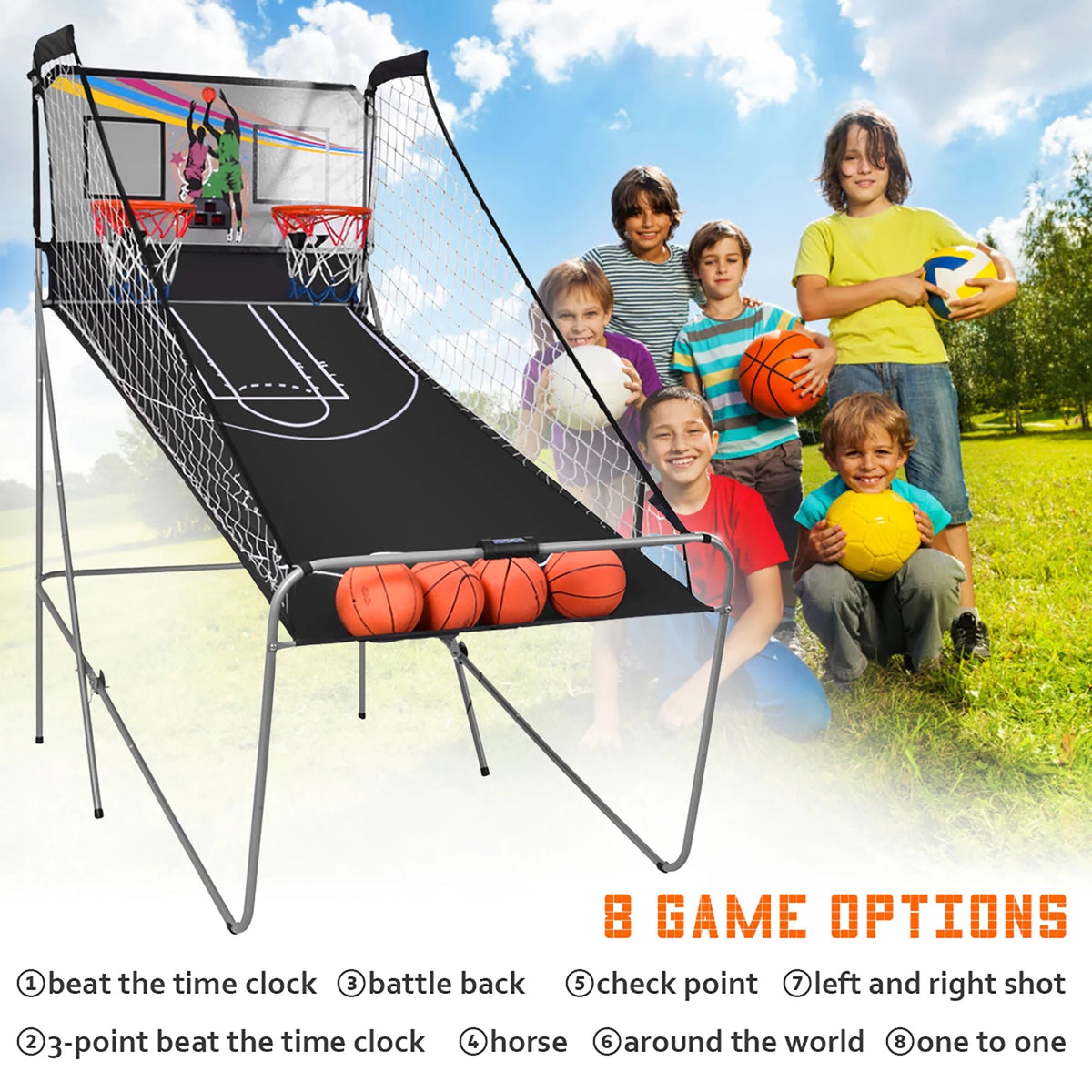Costway Double Shot Electronic Basketball Arcade Game, 8 Game Modes, 4 Balls, Grey