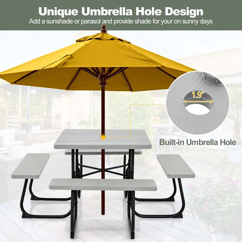 8-Person Outdoor HDPE Square Picnic Table And Bench Set, 67in x 67in x 30in, Metal Frame