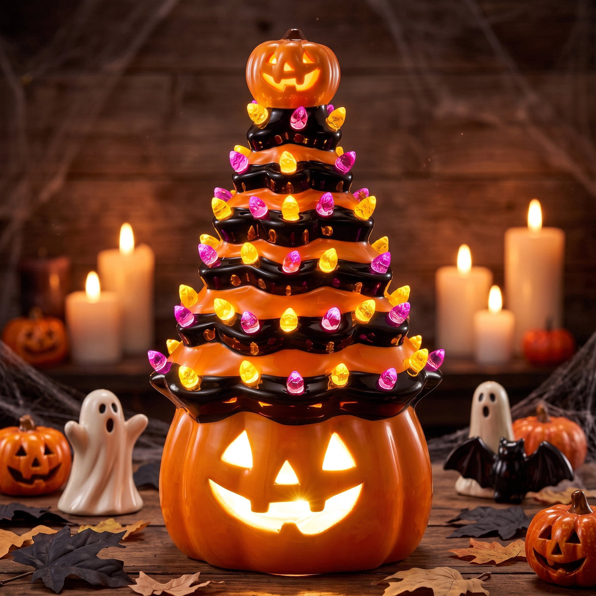 Joyfy 8.5 inch Halloween Decorations Ceramic Gnome Tree Decorations with Build-in LEDs, Light Up Pumpkin Table Decor Bedroom Indoor Centerpieces for Tables