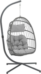 Yechen Indoor Outdoor Wicker Hanging Egg Chair With Stand, 38 x 38 x 78 Inches, 350 lbs, Charcoal Grey - EG-001
