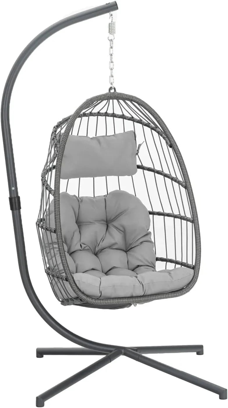 Yechen Indoor Outdoor Wicker Hanging Egg Chair With Stand, 38 x 38 x 78 Inches, 350 lbs, Charcoal Grey - EG-001