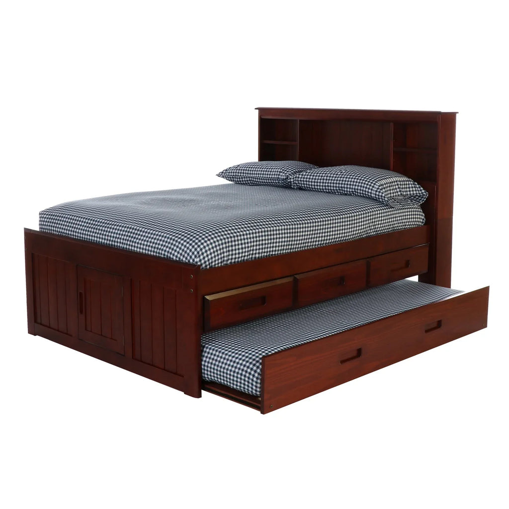 OS Home and Office Solid Pine Full Captains Bookcase Bed With 3 Drawers and Twin Trundle - Merlot