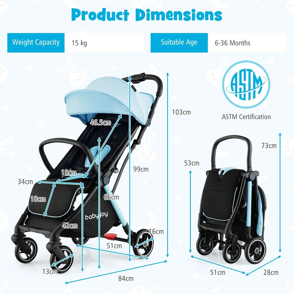 Compact Travel Stroller With Adjustable Backrest, Canopy And 7 kg Weight - 6-36 Months