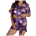 MEZZALL Women Halloween Printed Pajama With Lapel Collar Short Sleeve Tops And Shorts For Home Wear Cozy For Lightweight And Breathable Comfort Relaxed Fit 2 Piece Pjs