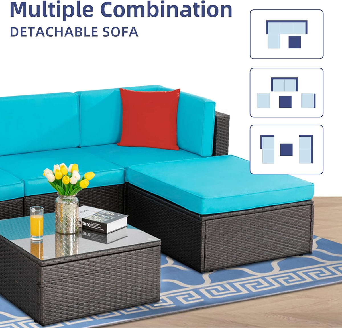 5-Piece All-Weather Wicker Patio Conversation Set With Ottoman And Cushions