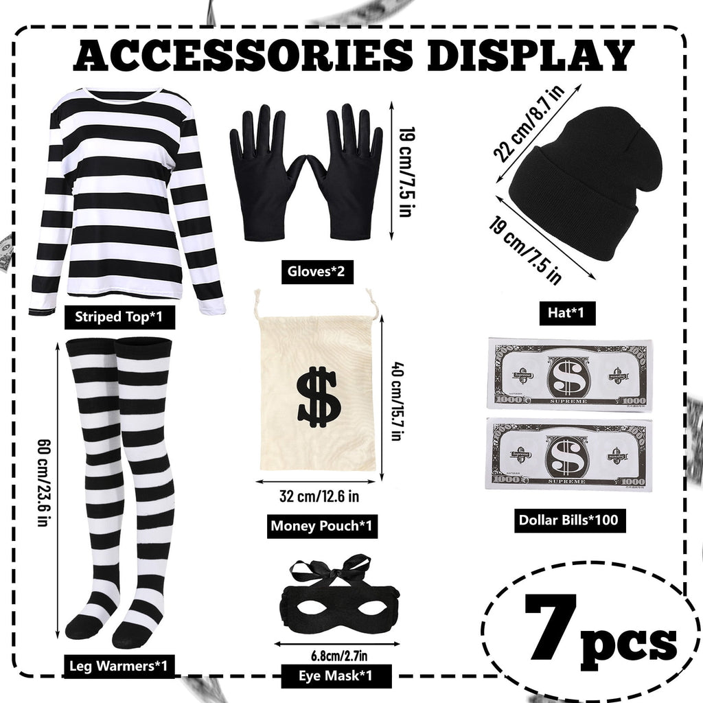 7Pcs Bank Robber Costume for Women, Burglar Outfit with Striped Shirt for Halloween Cosplay
