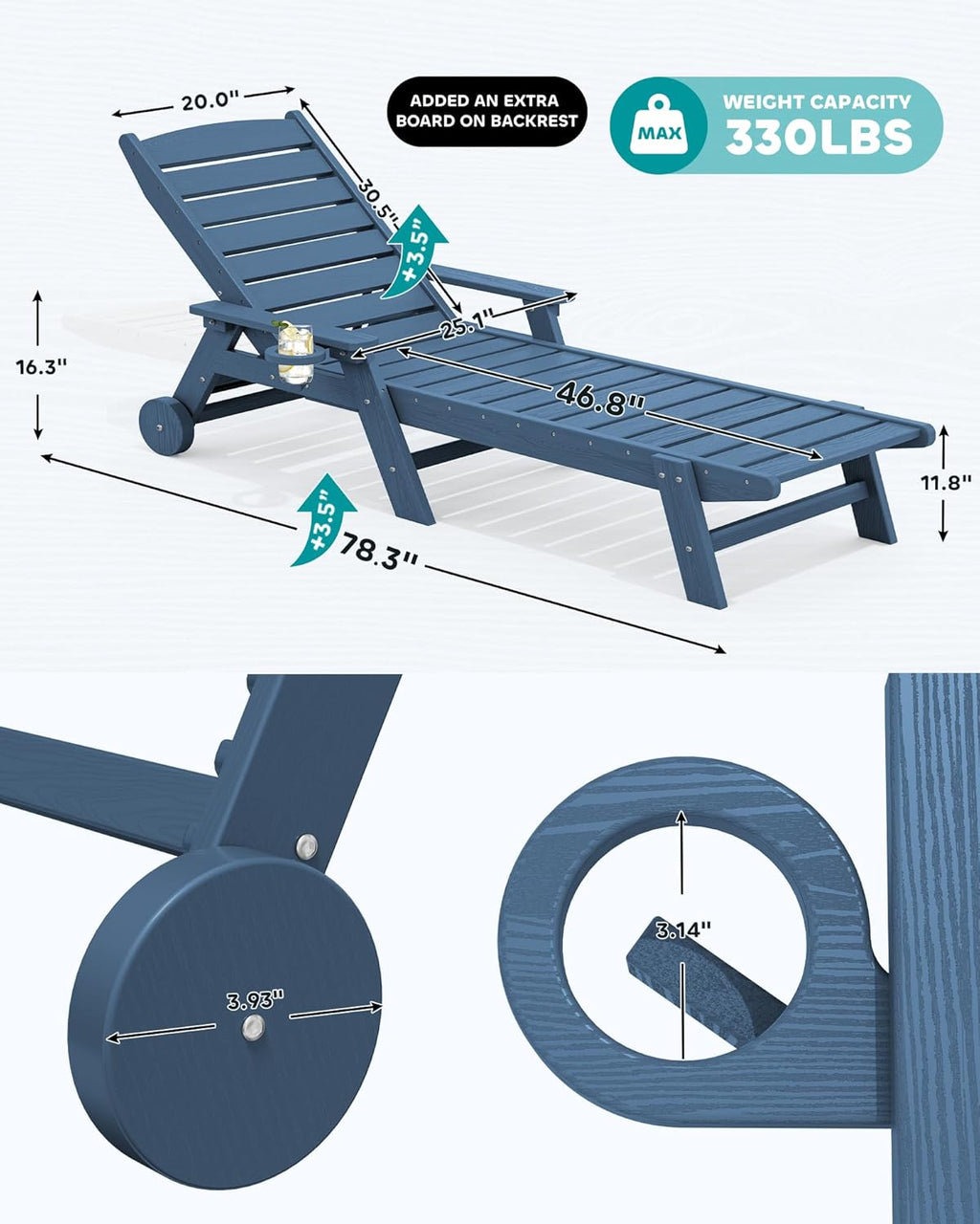 SERWALL Patio Chaise Lounge Chair Set Of 2, 78 Inch, 5-Position Adjustable, HDPE - Blue