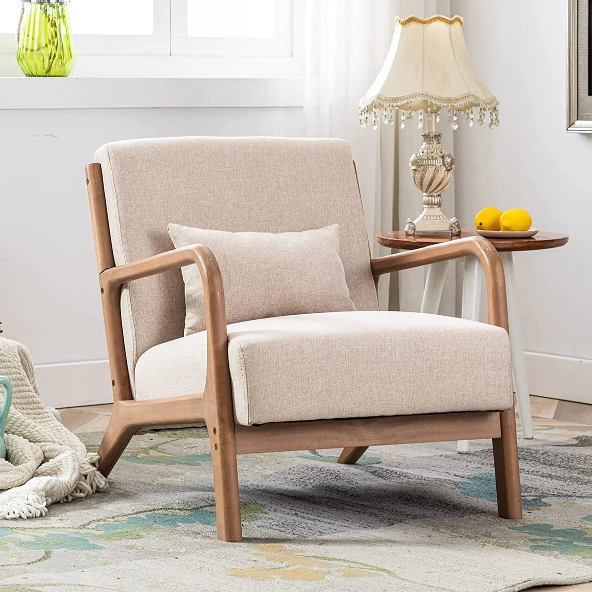 Bonzy Home Mid-Century Modern Fabric Accent Chair With Solid Wood Frame, Beige